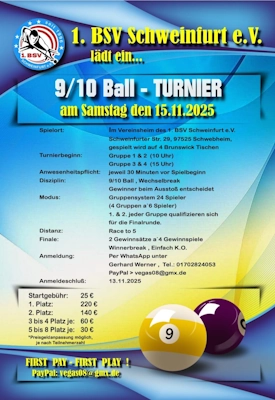 Einladung zum 9/10-Ball-Turnier am 15.11.2025